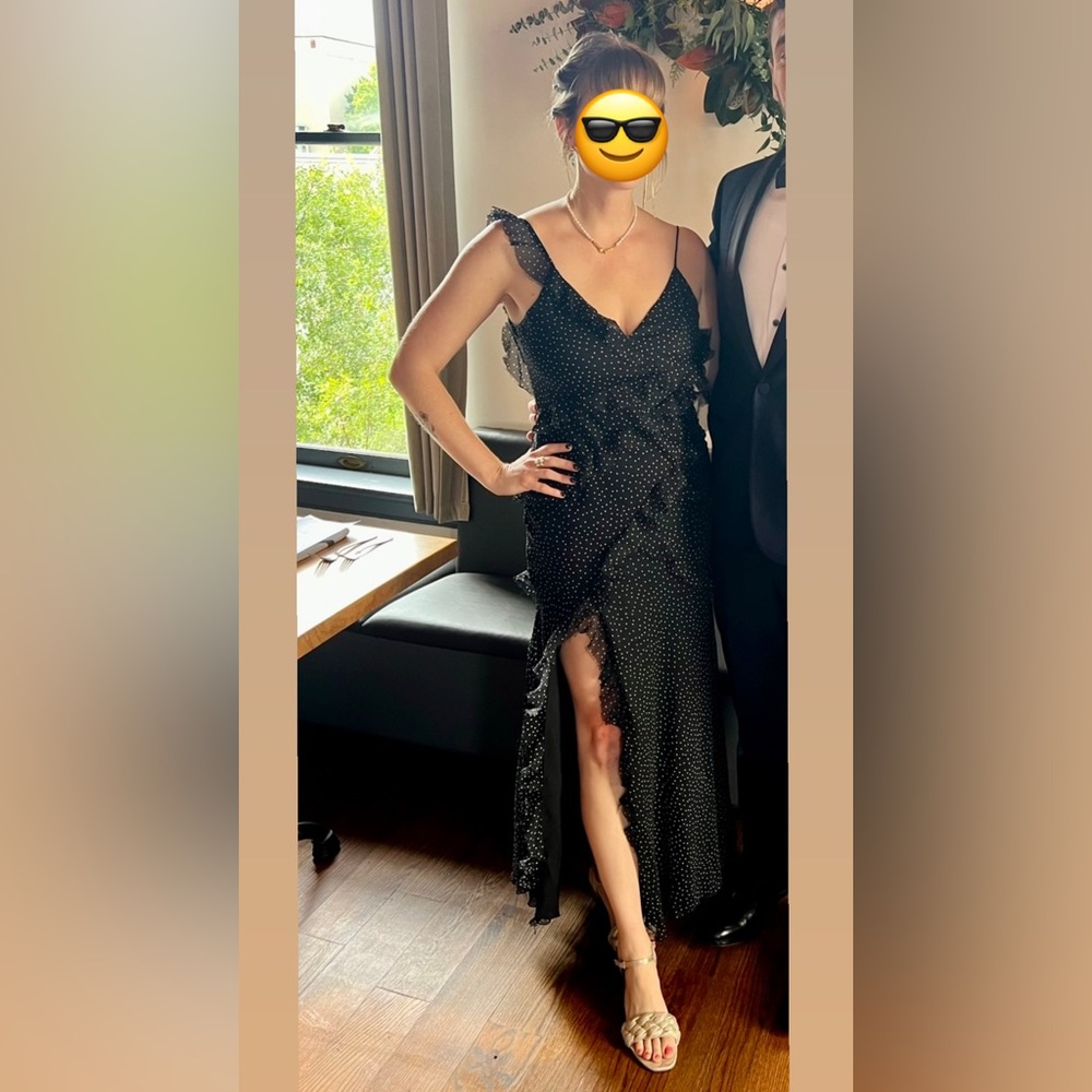 Black Dot Strappy Gown with Front Slit and Lace Up Back